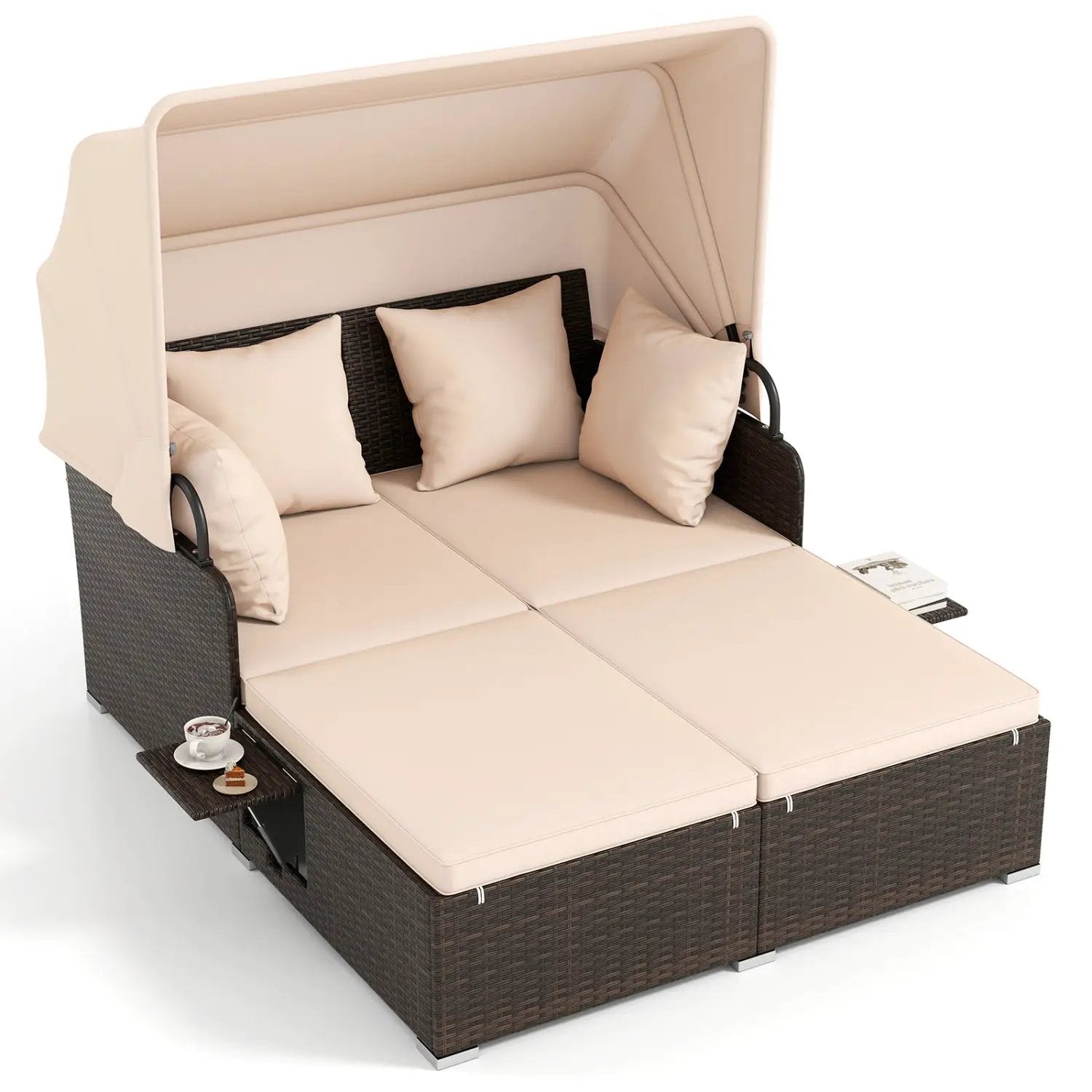 Outdoor Patio Rattan Daybed with Retractable Canopy and Side Tables by DirectDeals