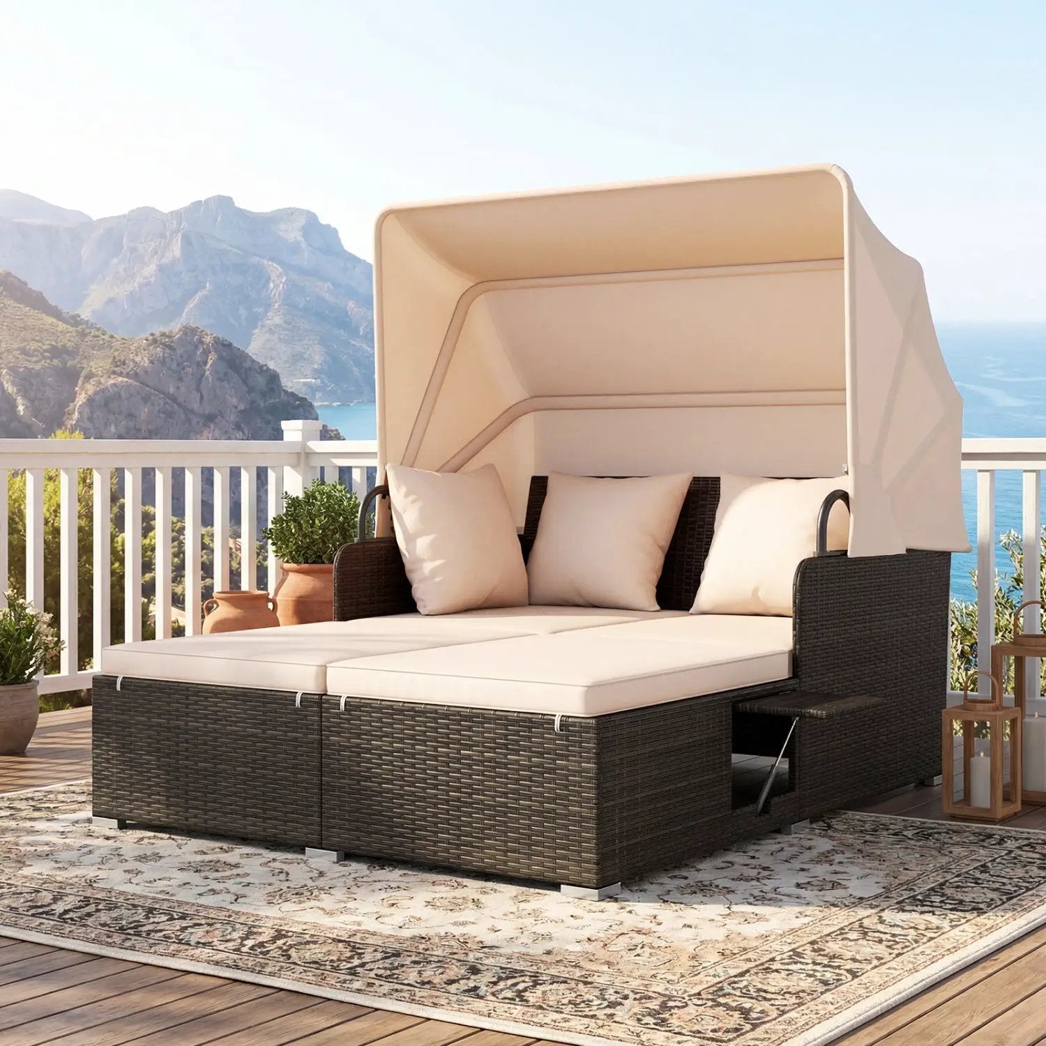 Outdoor Patio Rattan Daybed with Retractable Canopy and Side Tables by DirectDeals