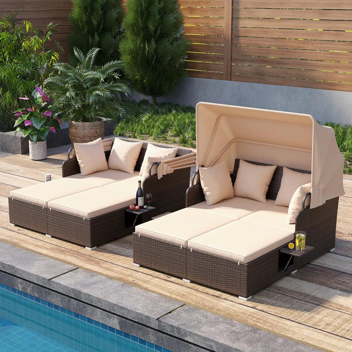Outdoor Patio Rattan Daybed with Retractable Canopy and Side Tables, photo 13 of 16