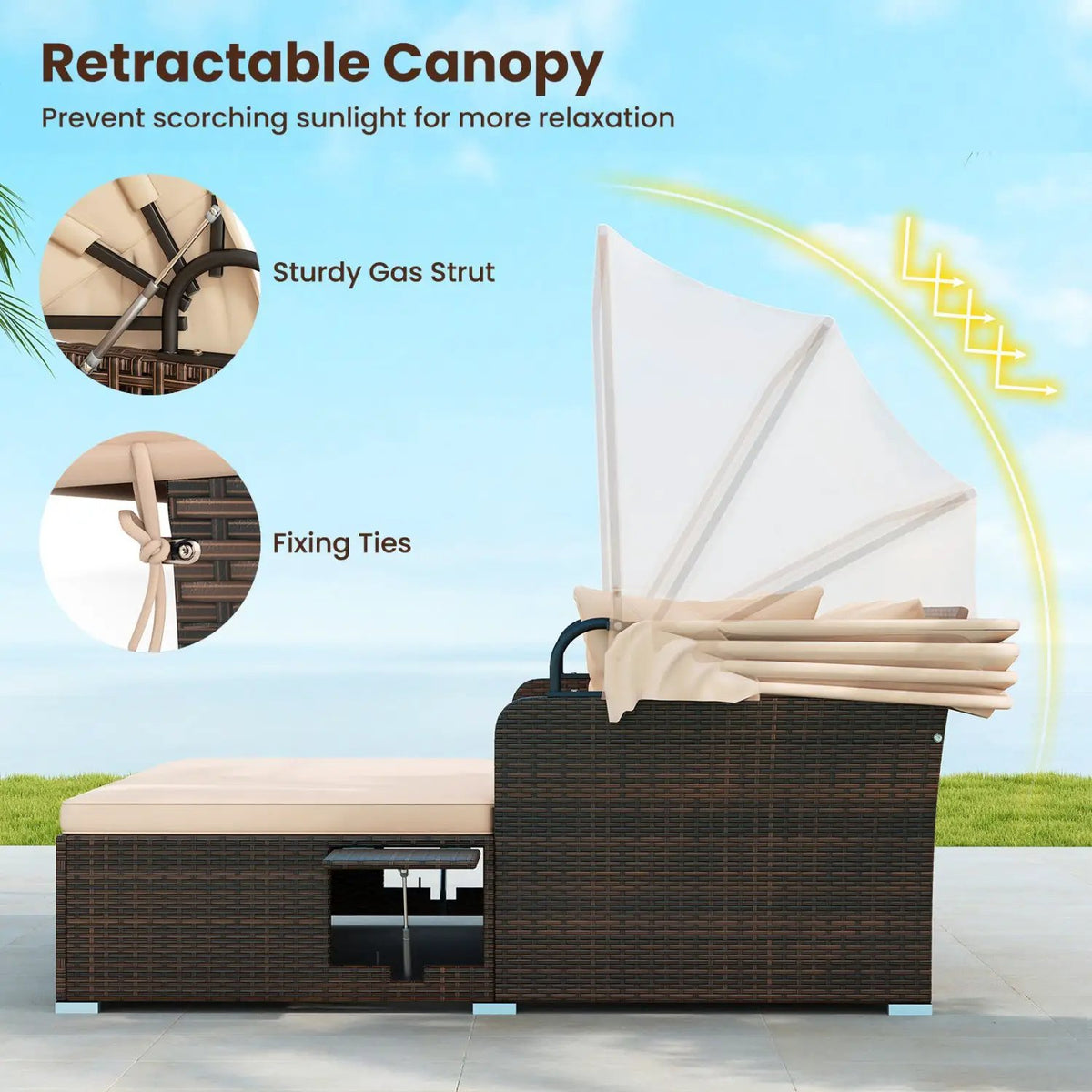 Outdoor Patio Rattan Daybed with Retractable Canopy and Side Tables, photo 15 of 16