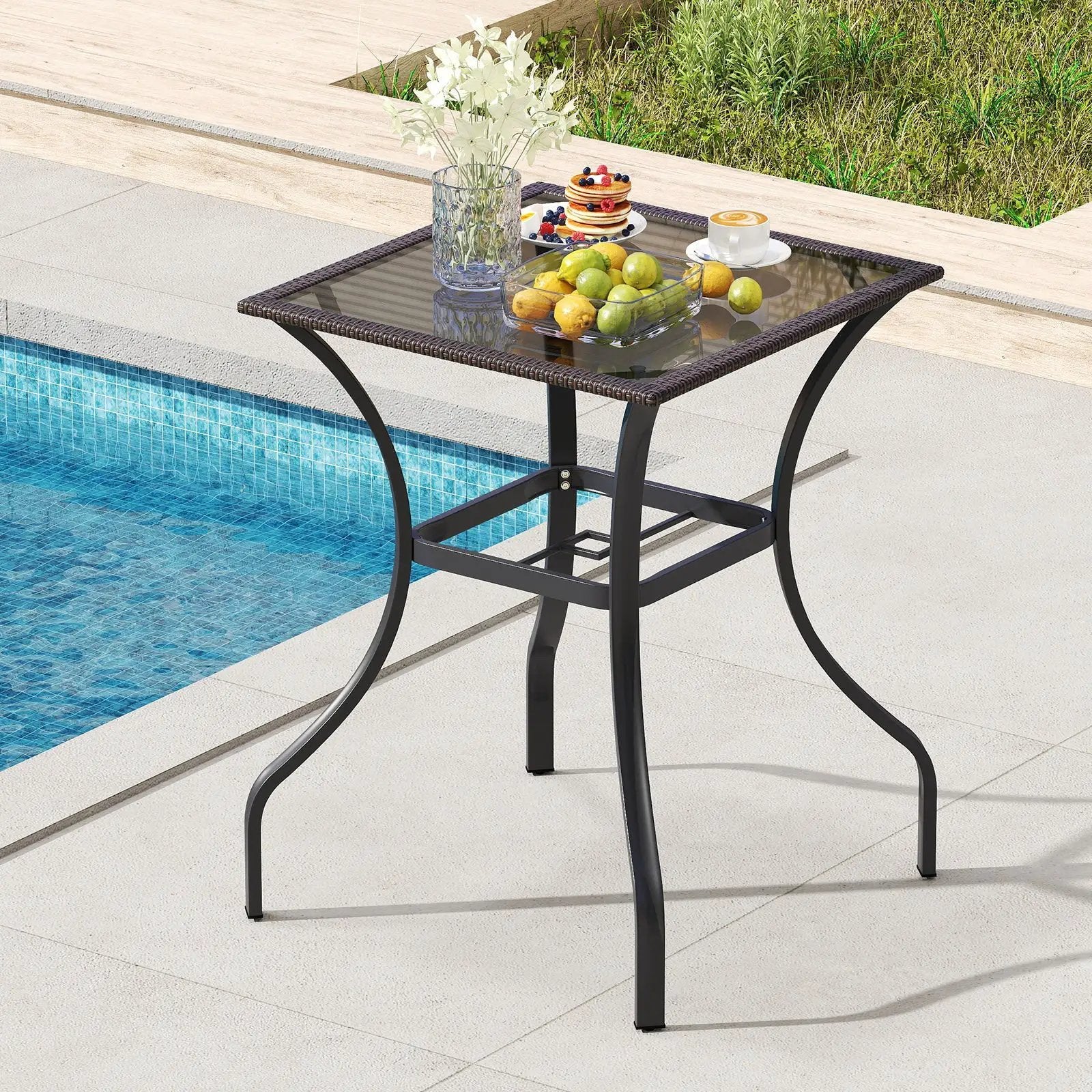 28.5 Inch Outdoor Patio Square Glass Top Table with Rattan Edging by DirectDeals
