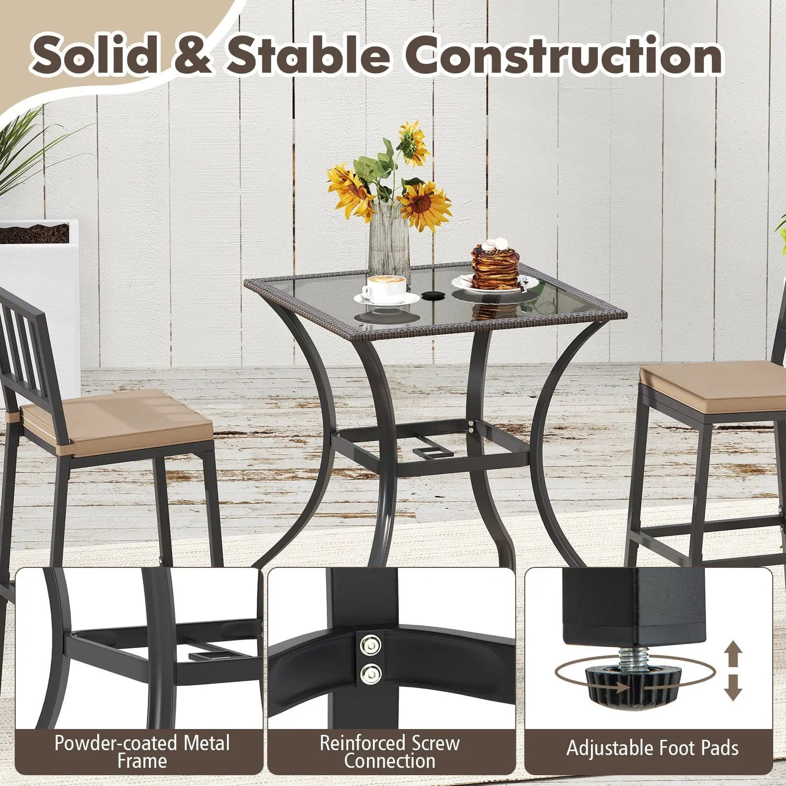 28.5 Inch Outdoor Patio Square Glass Top Table with Rattan Edging by DirectDeals