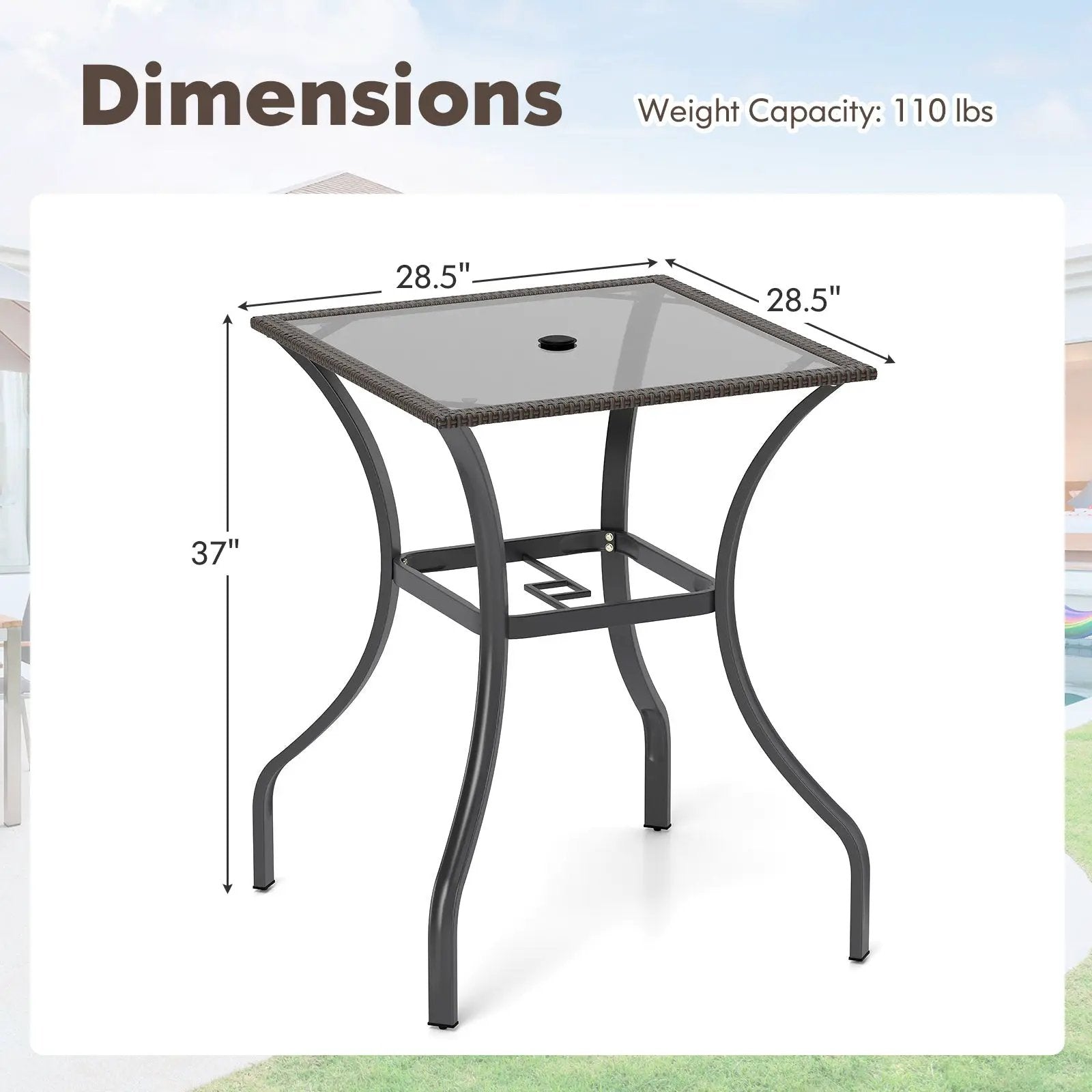 28.5 Inch Outdoor Patio Square Glass Top Table with Rattan Edging by DirectDeals