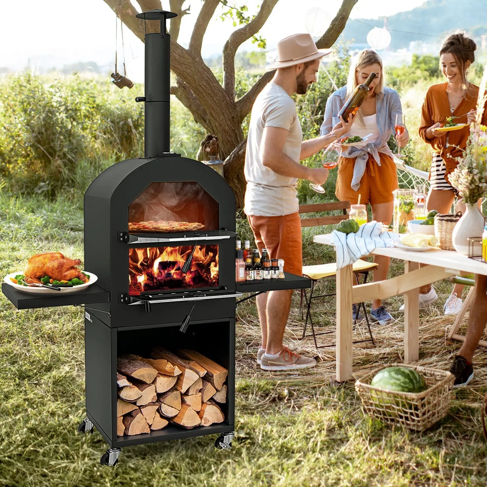Outdoor Pizza Oven with Protective Cover and Grill Racks and Built-in Thermometer by DirectDeals