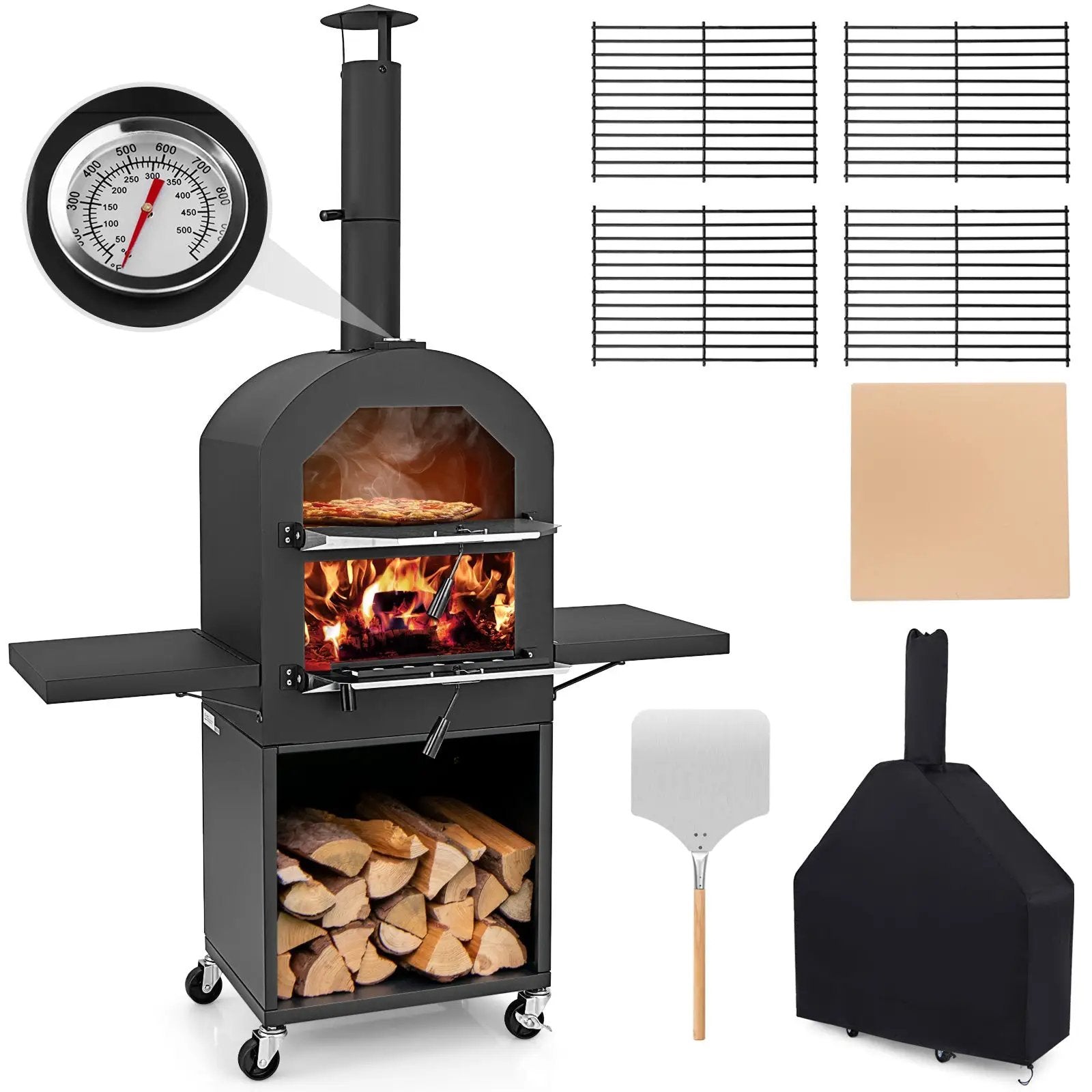 Outdoor Pizza Oven with Protective Cover and Grill Racks and Built-in Thermometer by DirectDeals
