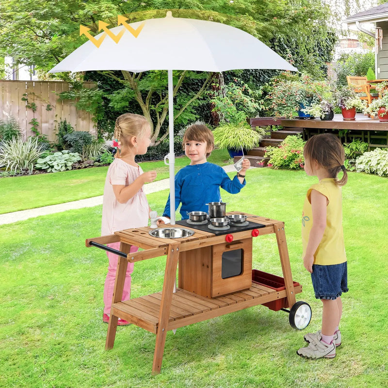 Wooden Play Cart with Sun Proof Umbrella for Toddlers Over 3 Years Old by DirectDeals