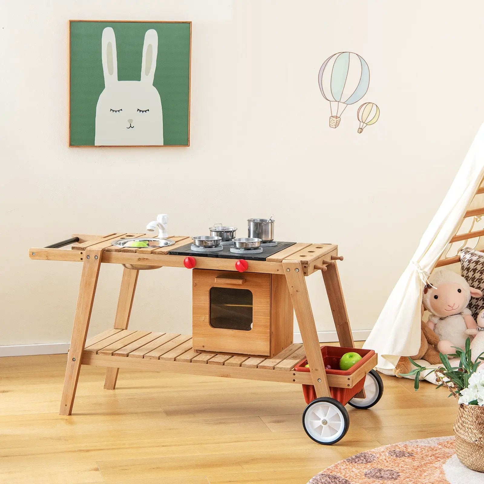 Wooden Play Cart with Sun Proof Umbrella for Toddlers Over 3 Years Old by DirectDeals