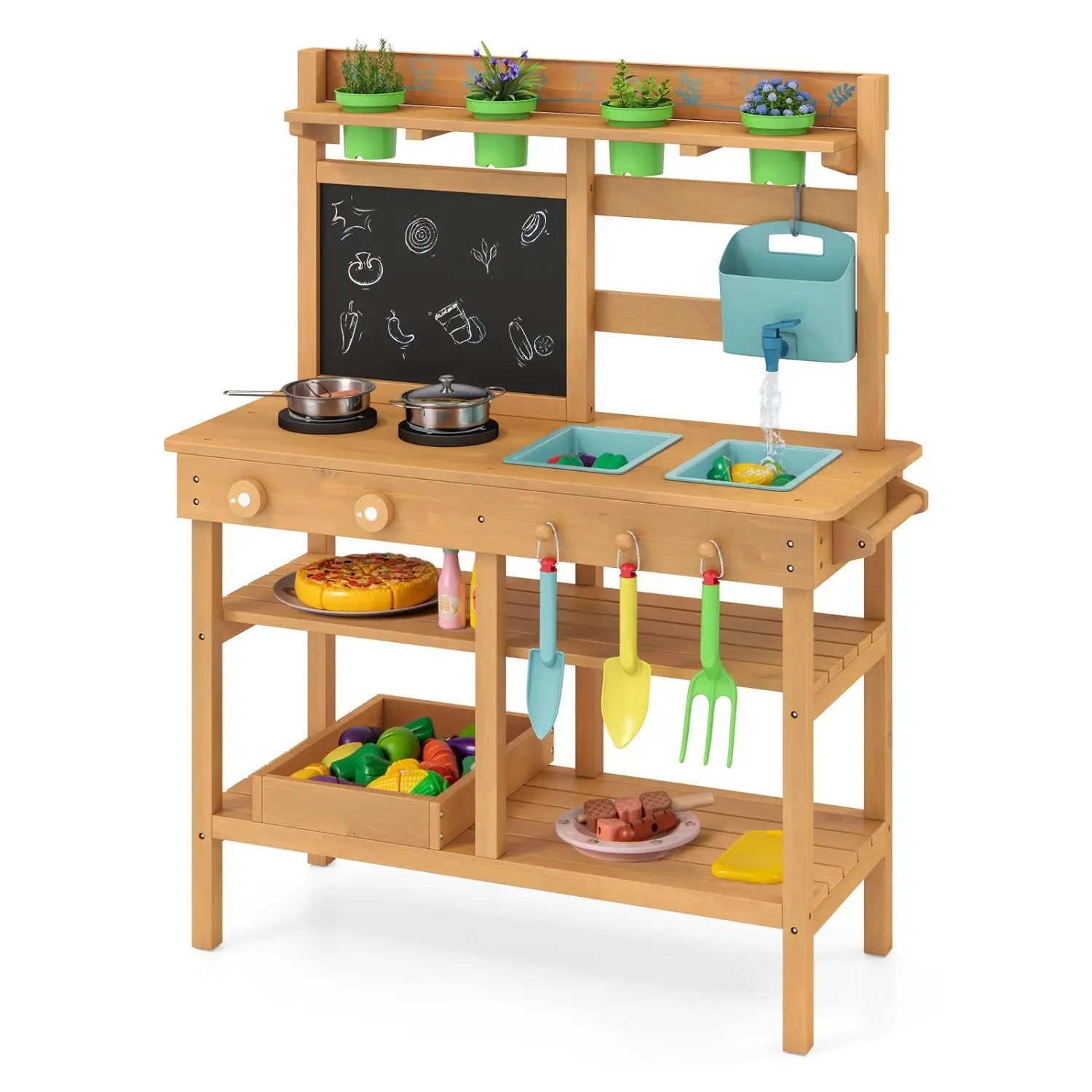 Outdoor Play Pretend Kitchen with Faucet and Removable Sinks for Children Aged 3+ by DirectDeals