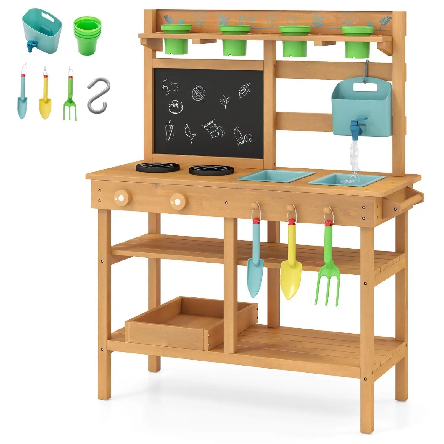 Outdoor Play Pretend Kitchen with Faucet and Removable Sinks for Children Aged 3+ by DirectDeals
