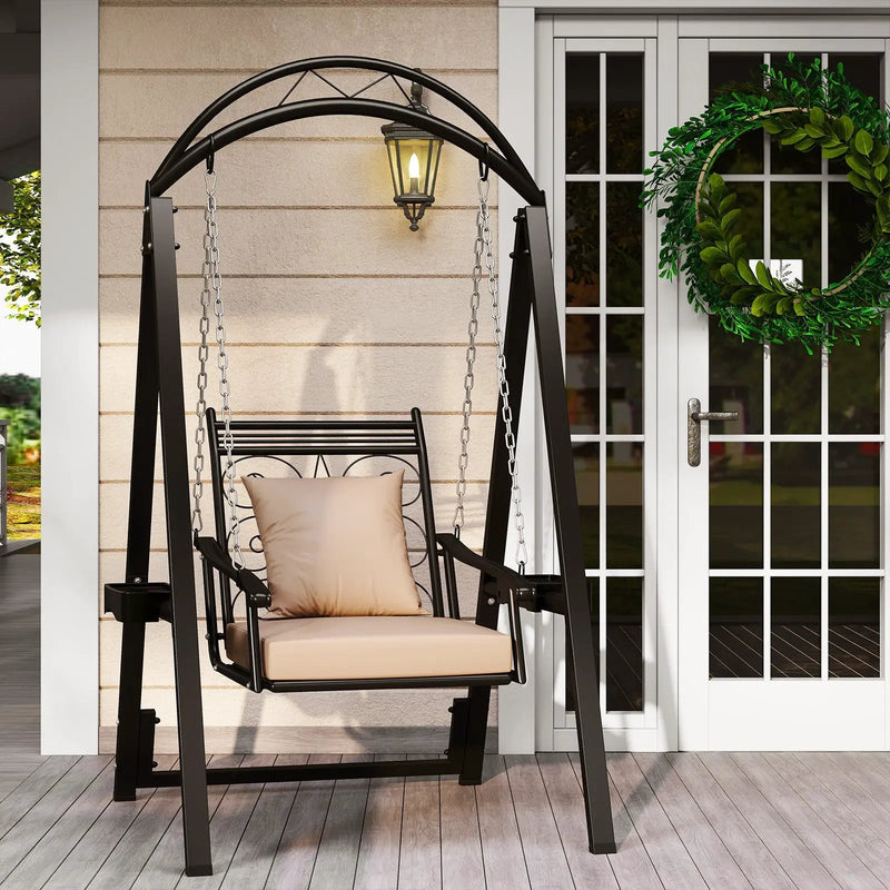 Outdoor Porch Swing with Removable Cushions and Side Tables for Garden Balcony-Black by DirectDeals