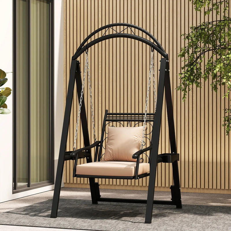 Outdoor Porch Swing with Removable Cushions and Side Tables for Garden Balcony-Black by DirectDeals