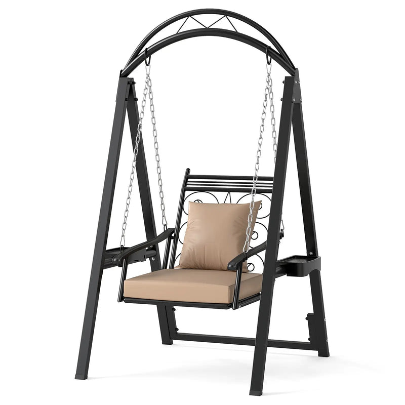 Outdoor Porch Swing with Removable Cushions and Side Tables for Garden Balcony-Black by DirectDeals