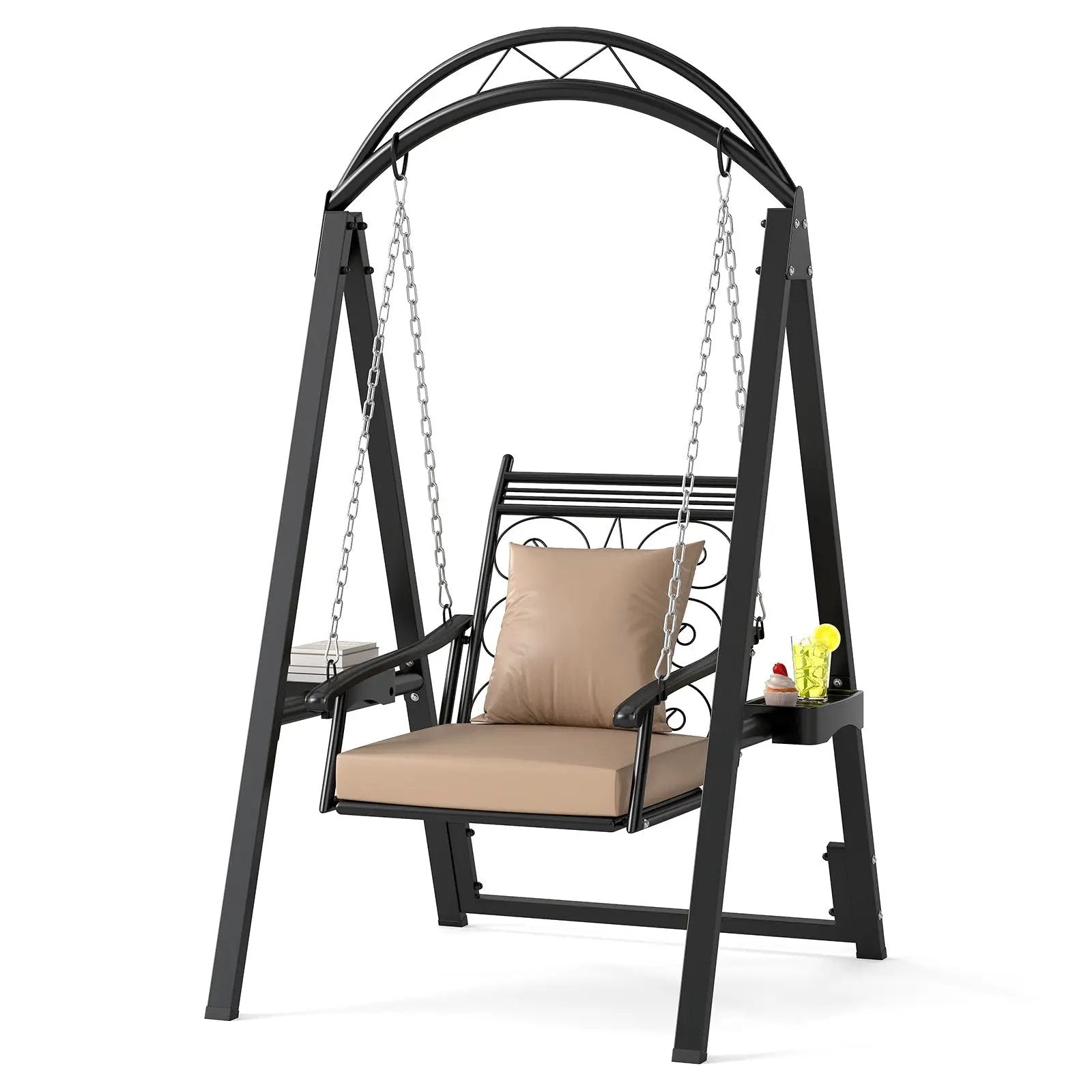 Outdoor Porch Swing with Removable Cushions and Side Tables for Garden Balcony-Black by DirectDeals