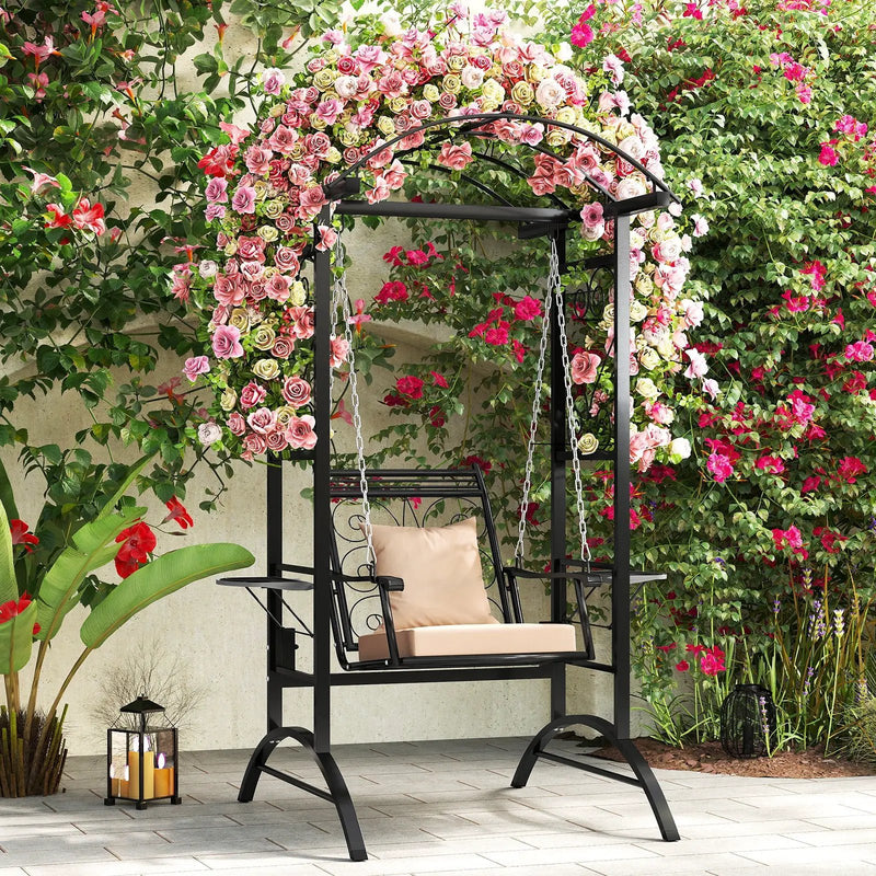Outdoor Porch Swing with Stand and 2 Trellises for Adults-Black by DirectDeals