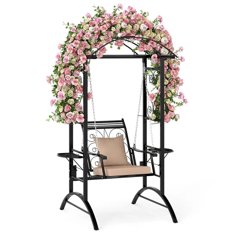 Outdoor Porch Swing with Stand and 2 Trellises for Adults-Black by DirectDeals