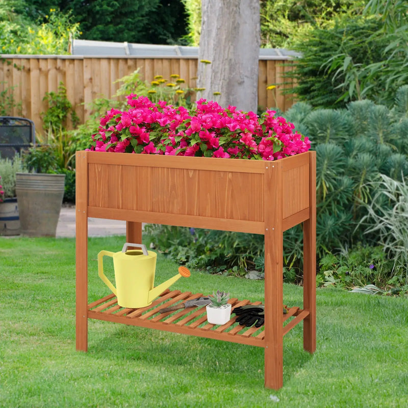 Outdoor Raised Garden Bed Fir Wood Planter Box with Bottom Storage Shelf and Protective Liner-Brown by DirectDeals