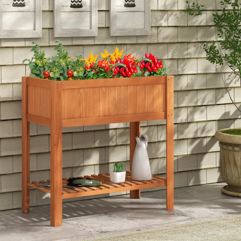 Outdoor Raised Garden Bed Fir Wood Planter Box with Bottom Storage Shelf and Protective Liner-Brown by DirectDeals