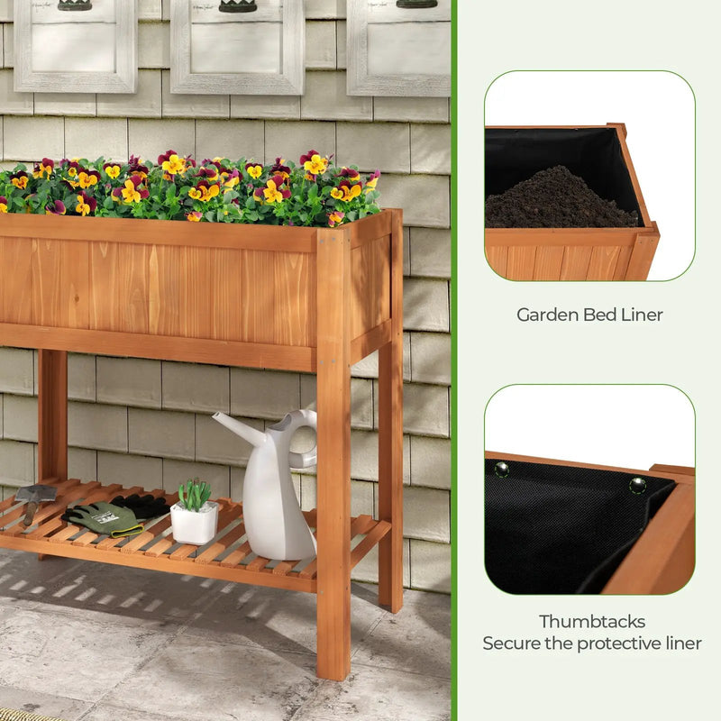 Outdoor Raised Garden Bed Fir Wood Planter Box with Bottom Storage Shelf and Protective Liner-Brown by DirectDeals
