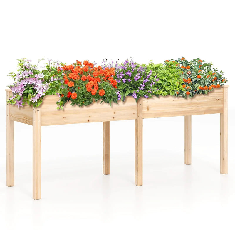 Fir Wood Outdoor Raised Garden Bed with Divider Panel and Drainage Holes by DirectDeals