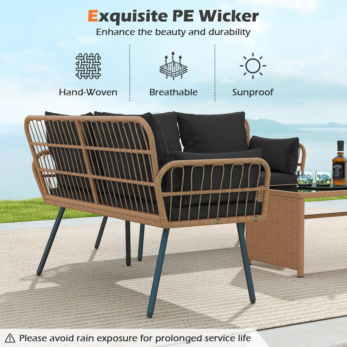 Outdoor Rattan 2-Seat Chair with Seat Back Cushions and Heavy-Duty Metal Legs, photo 12 of 16
