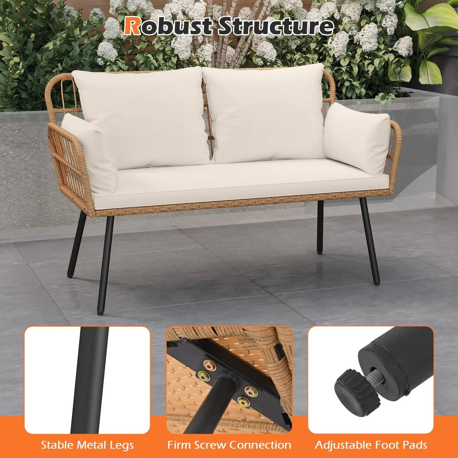 Outdoor Rattan 2-Seat Chair with Seat Back Cushions and Heavy-Duty Metal Legs by DirectDeals