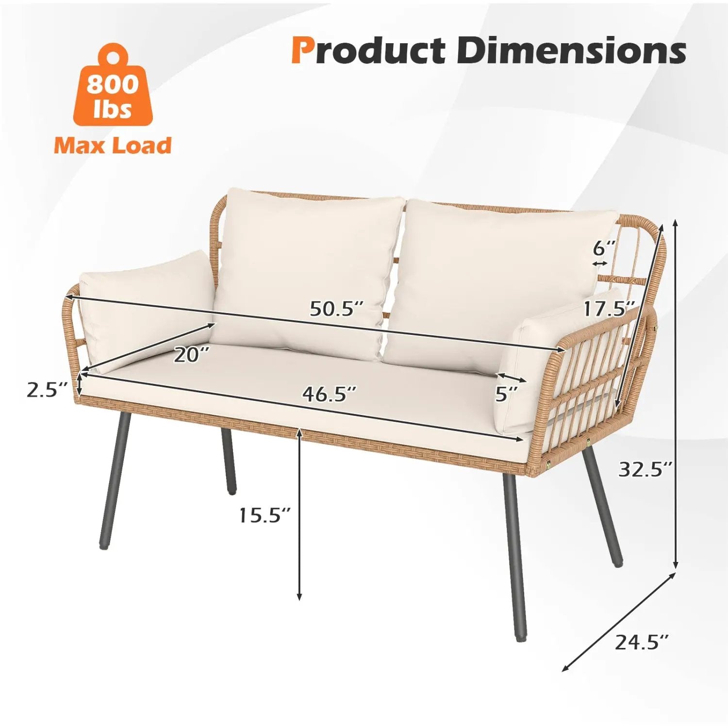 Outdoor Rattan 2-Seat Chair with Seat Back Cushions and Heavy-Duty Metal Legs by DirectDeals