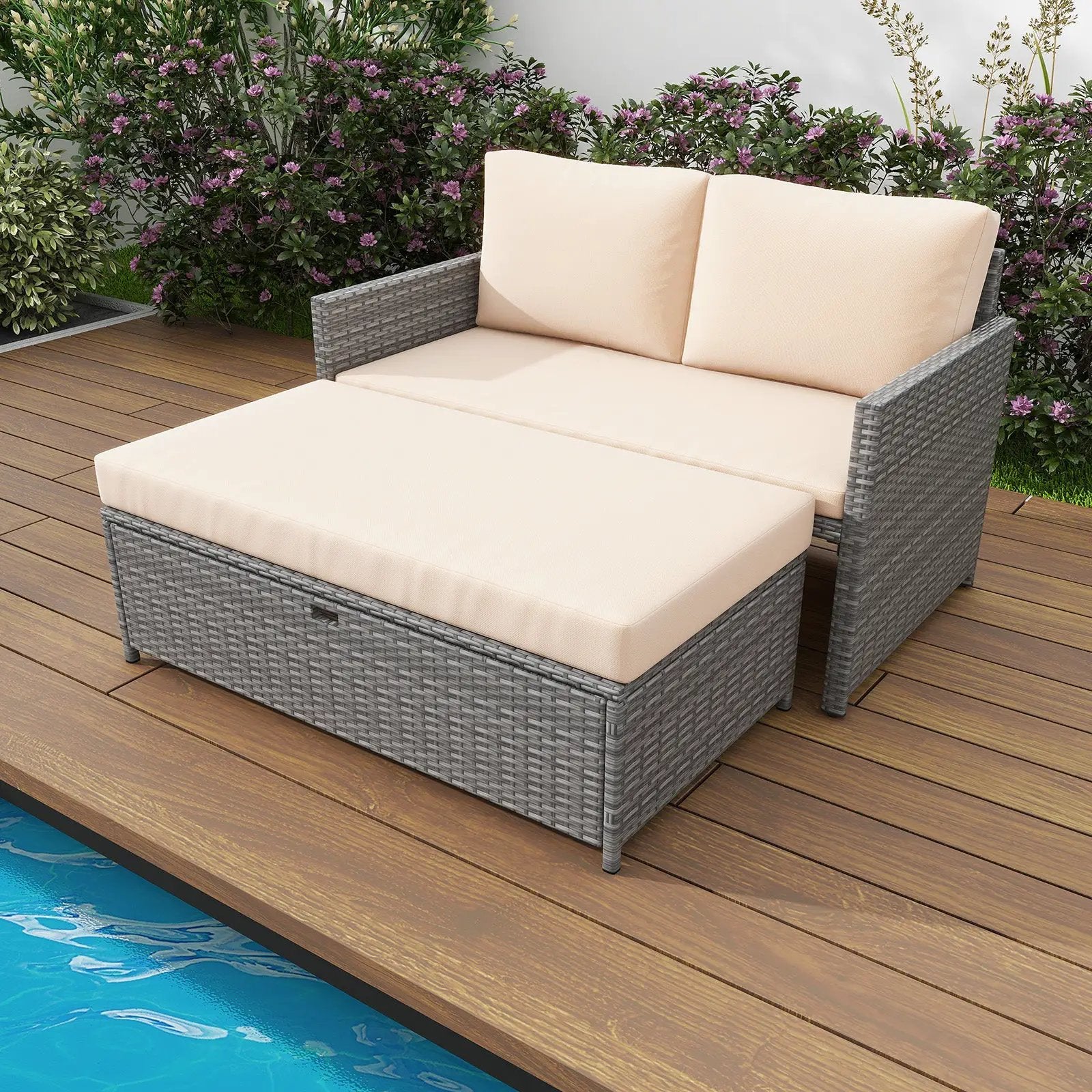 Outdoor Rattan Daybed Wicker Loveseat and 31 Gallon Storage Ottoman-Brown by DirectDeals