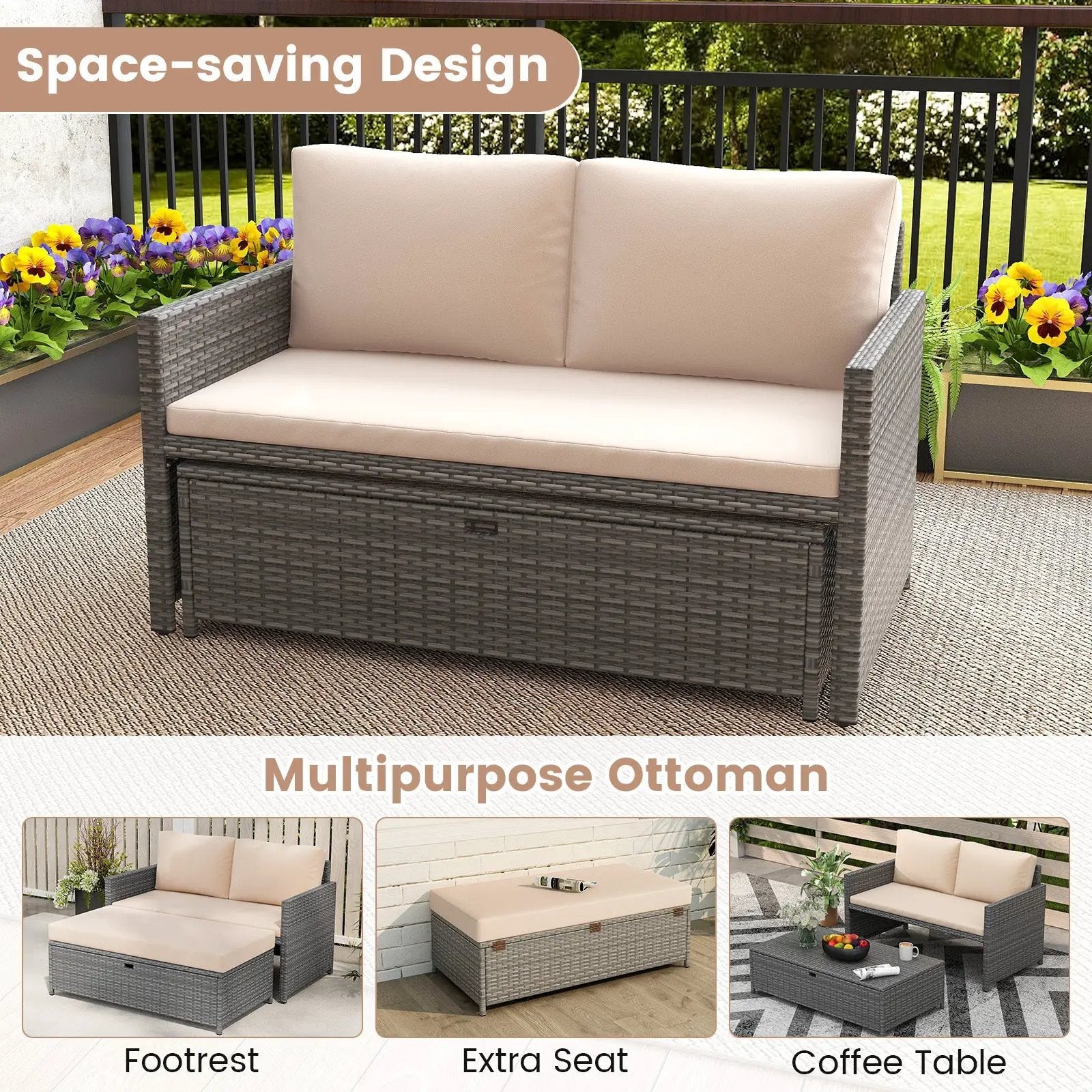 Outdoor Rattan Daybed Wicker Loveseat and 31 Gallon Storage Ottoman-Brown by DirectDeals