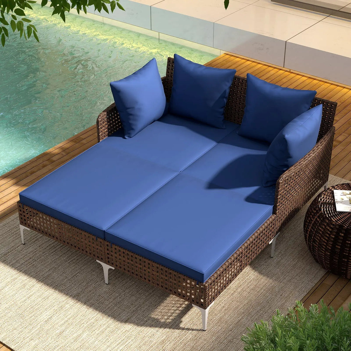 Outdoor Rattan Double Daybed Wicker Chaise Lounge