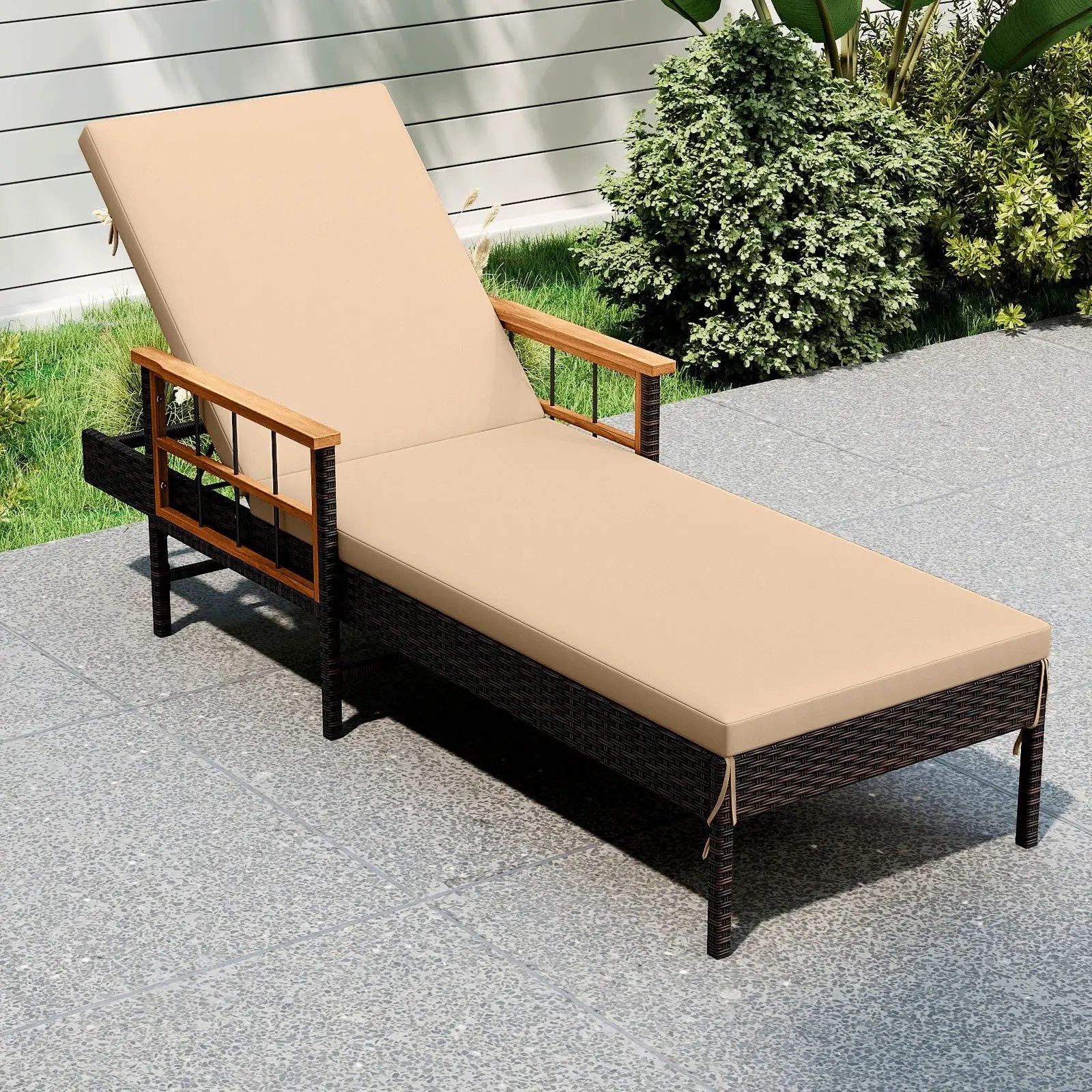 Outdoor Reclining Lounger Chair with 4-Level Adjustable Backrest-Beige by DirectDeals