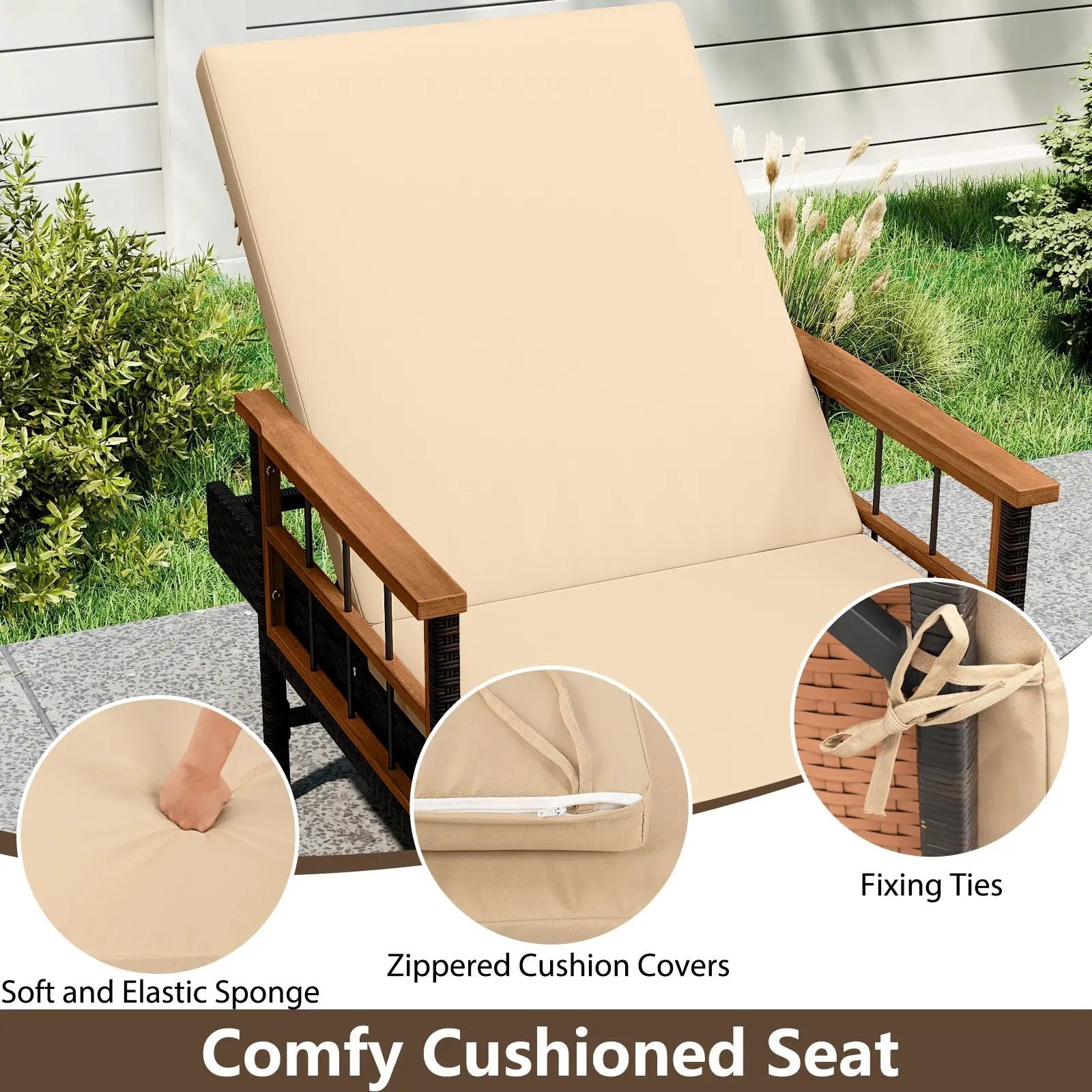 Outdoor Reclining Lounger Chair with 4-Level Adjustable Backrest-Beige by DirectDeals