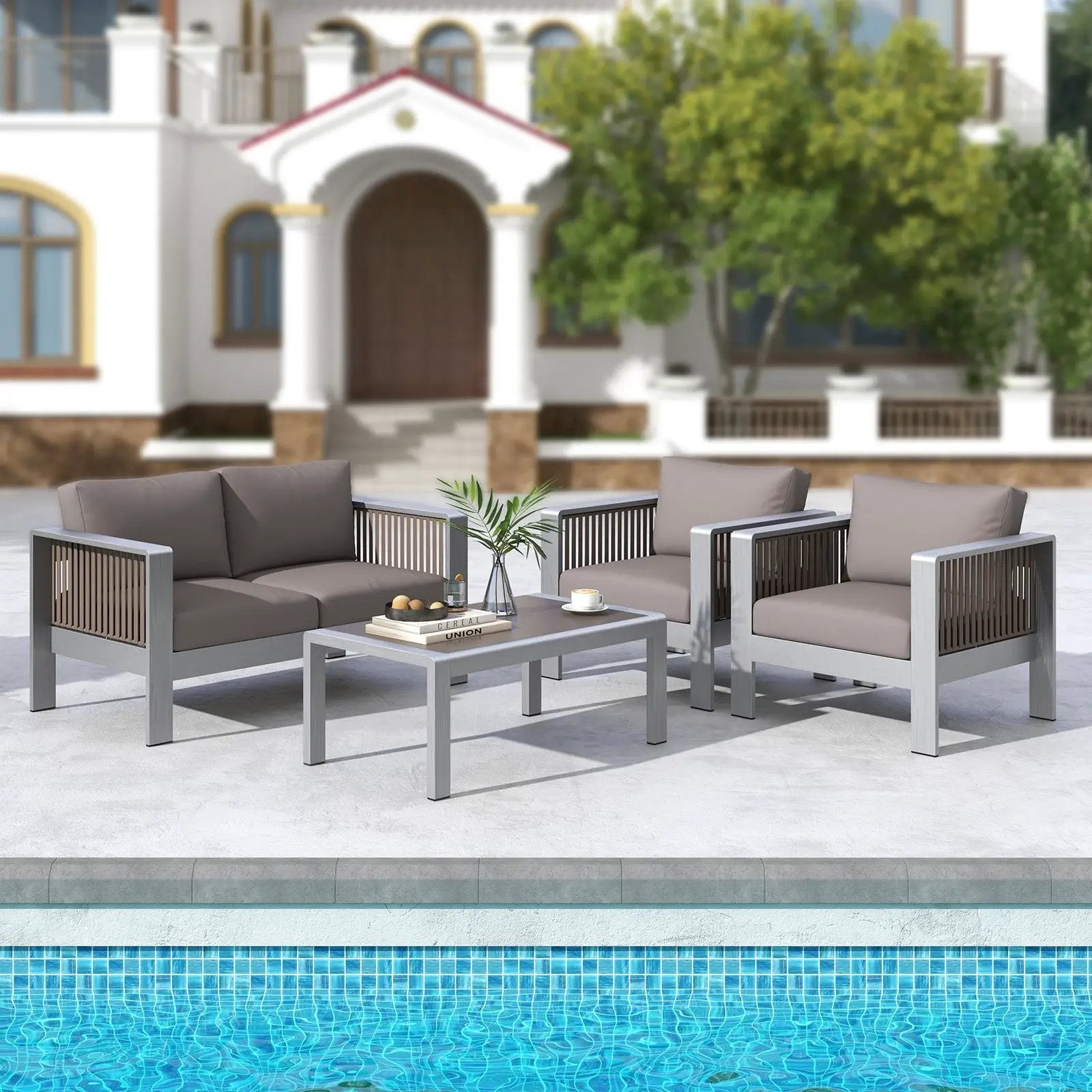 Outdoor Rectangle Coffee Table with Tempered Glass Tabletop for Backyard Poolside-Gray by DirectDeals