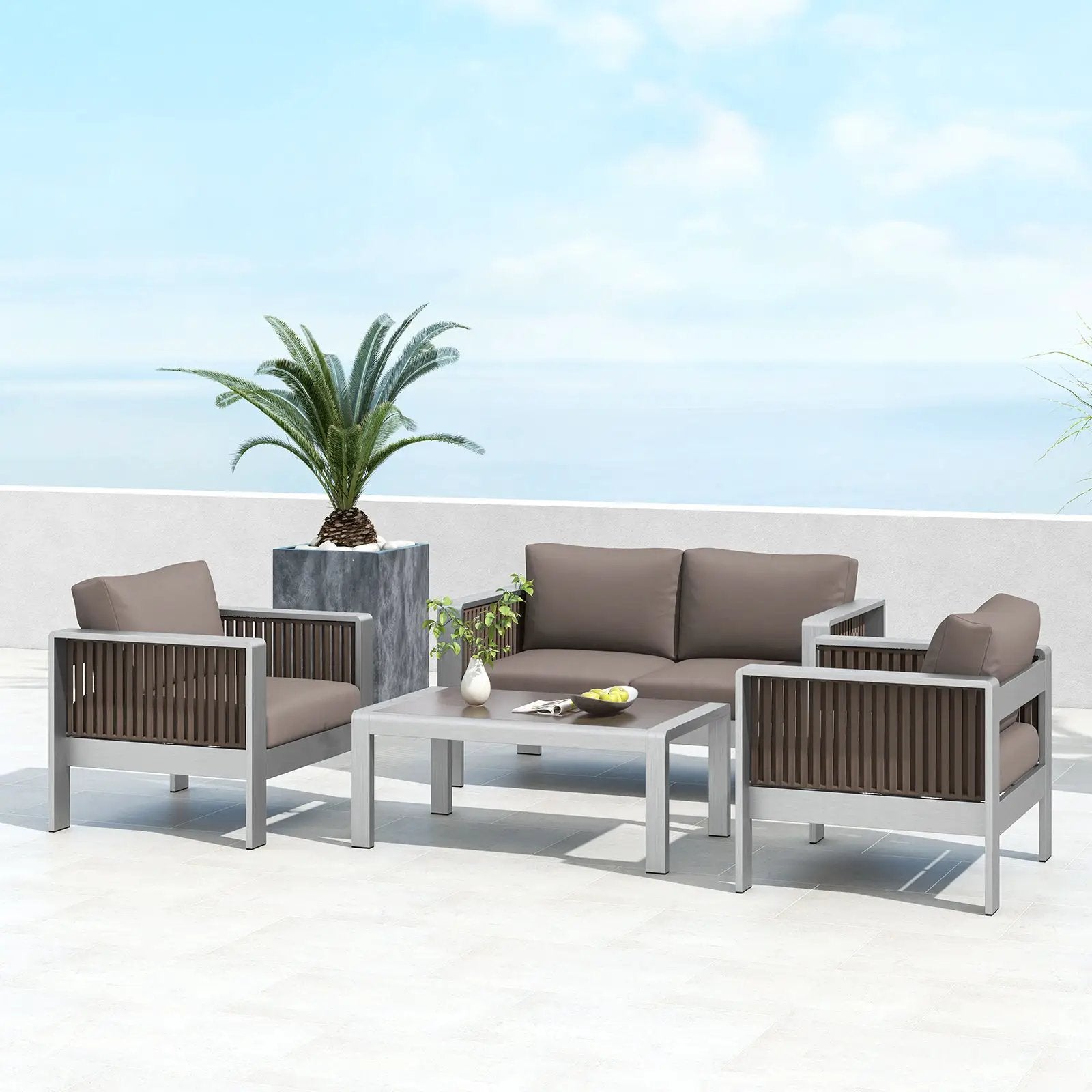 Outdoor Rectangle Coffee Table with Tempered Glass Tabletop for Backyard Poolside-Gray by DirectDeals