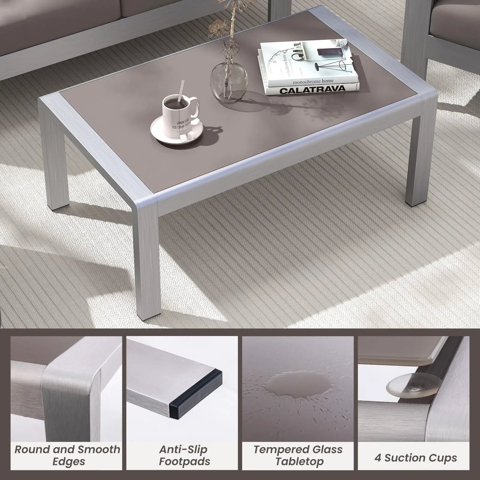 Outdoor Rectangle Coffee Table with Tempered Glass Tabletop for Backyard Poolside-Gray by DirectDeals