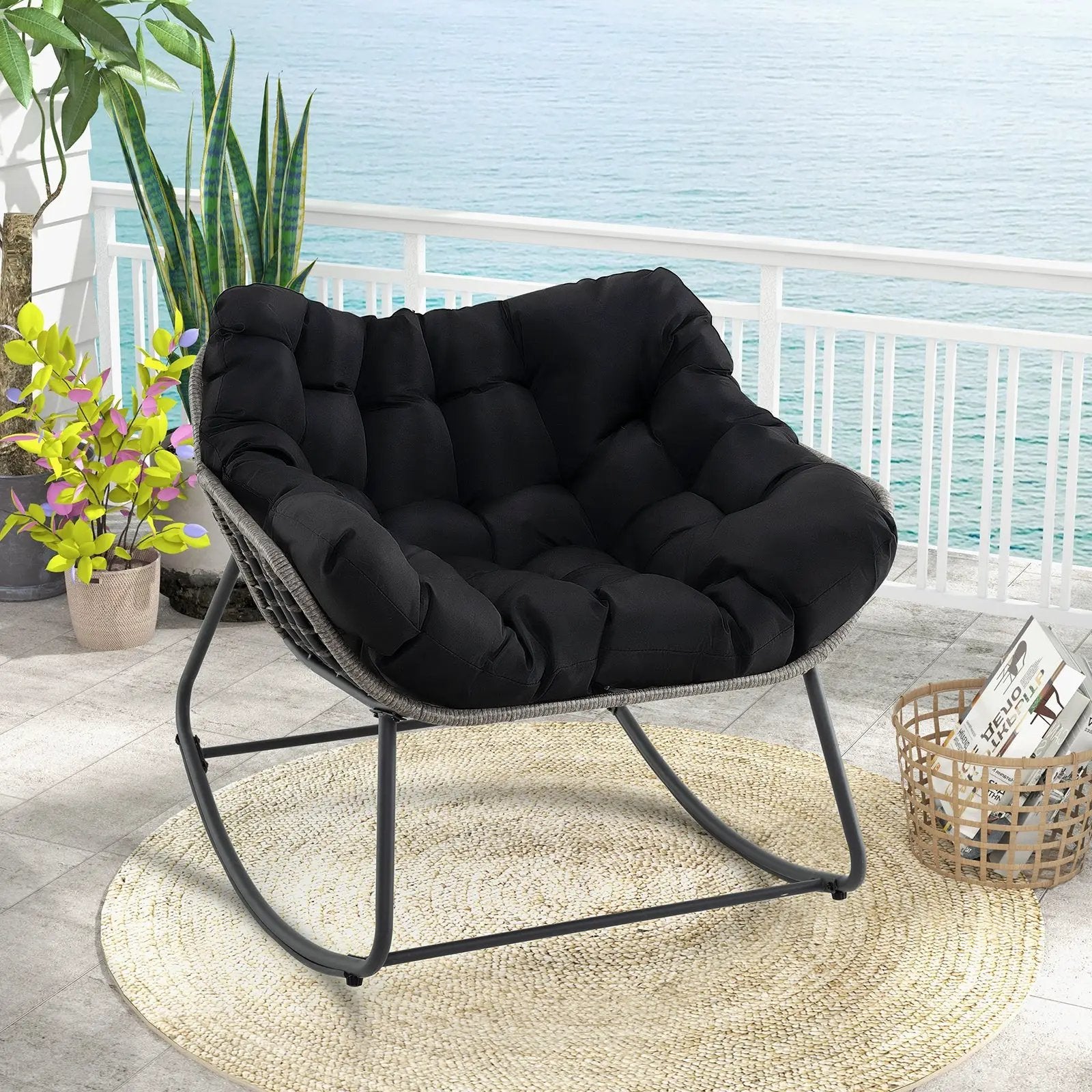 Outdoor Rocking Chair Oversized Patio PE Wicker Egg Chair with Cushion by DirectDeals