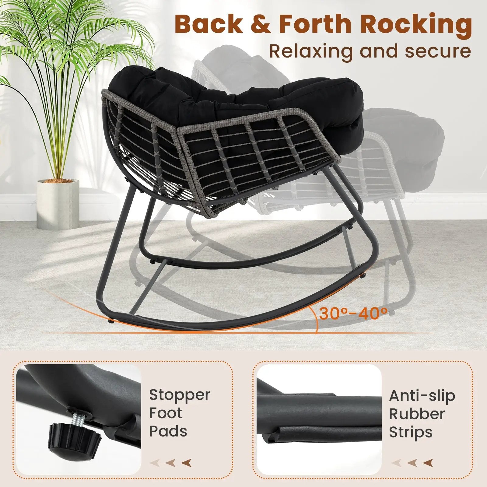 Outdoor Rocking Chair Oversized Patio PE Wicker Egg Chair with Cushion by DirectDeals