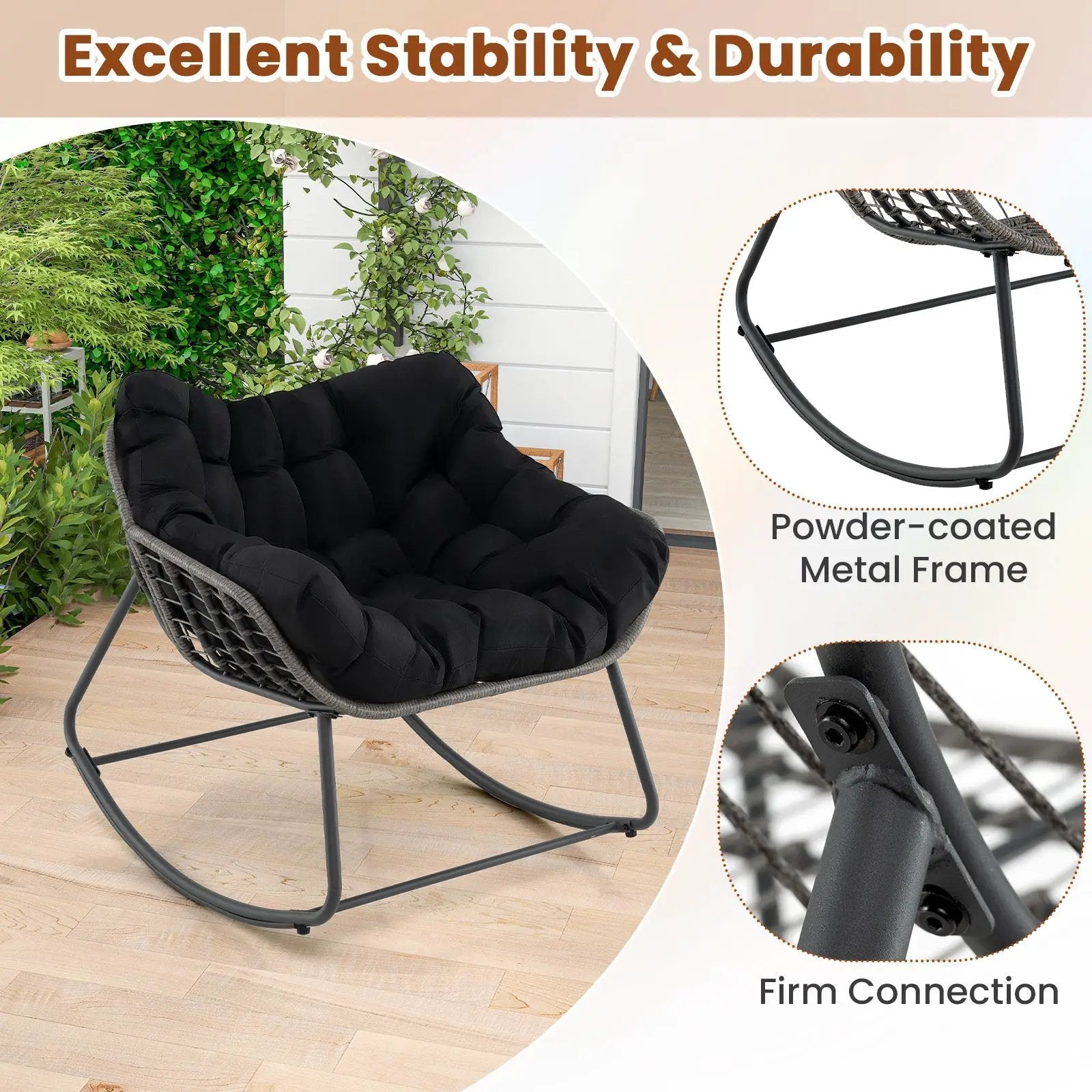 Outdoor Rocking Chair Oversized Patio PE Wicker Egg Chair with Cushion by DirectDeals