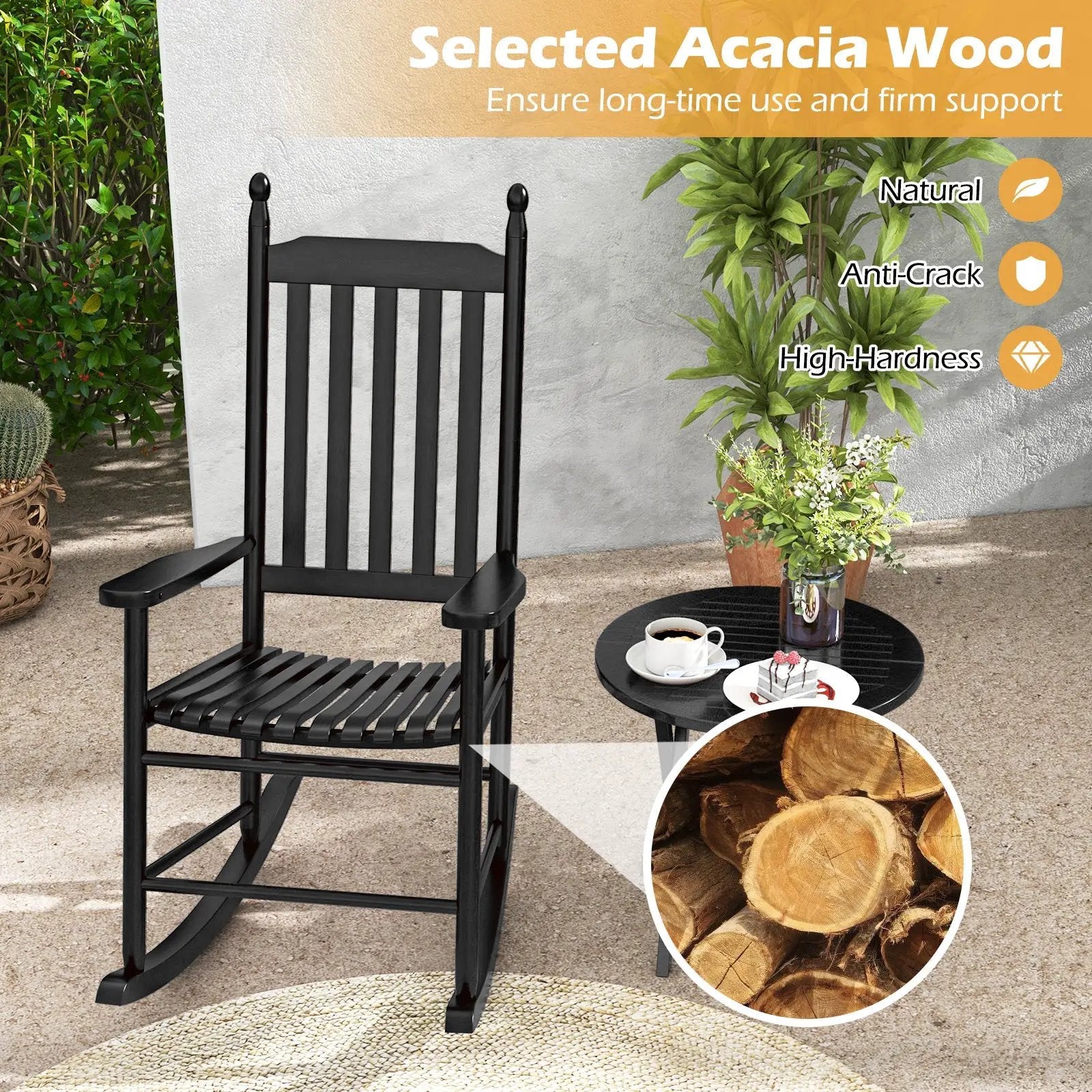 High-Back Acacia Wood Outdoor Rocking Chair with Solid Rocking Base by DirectDeals
