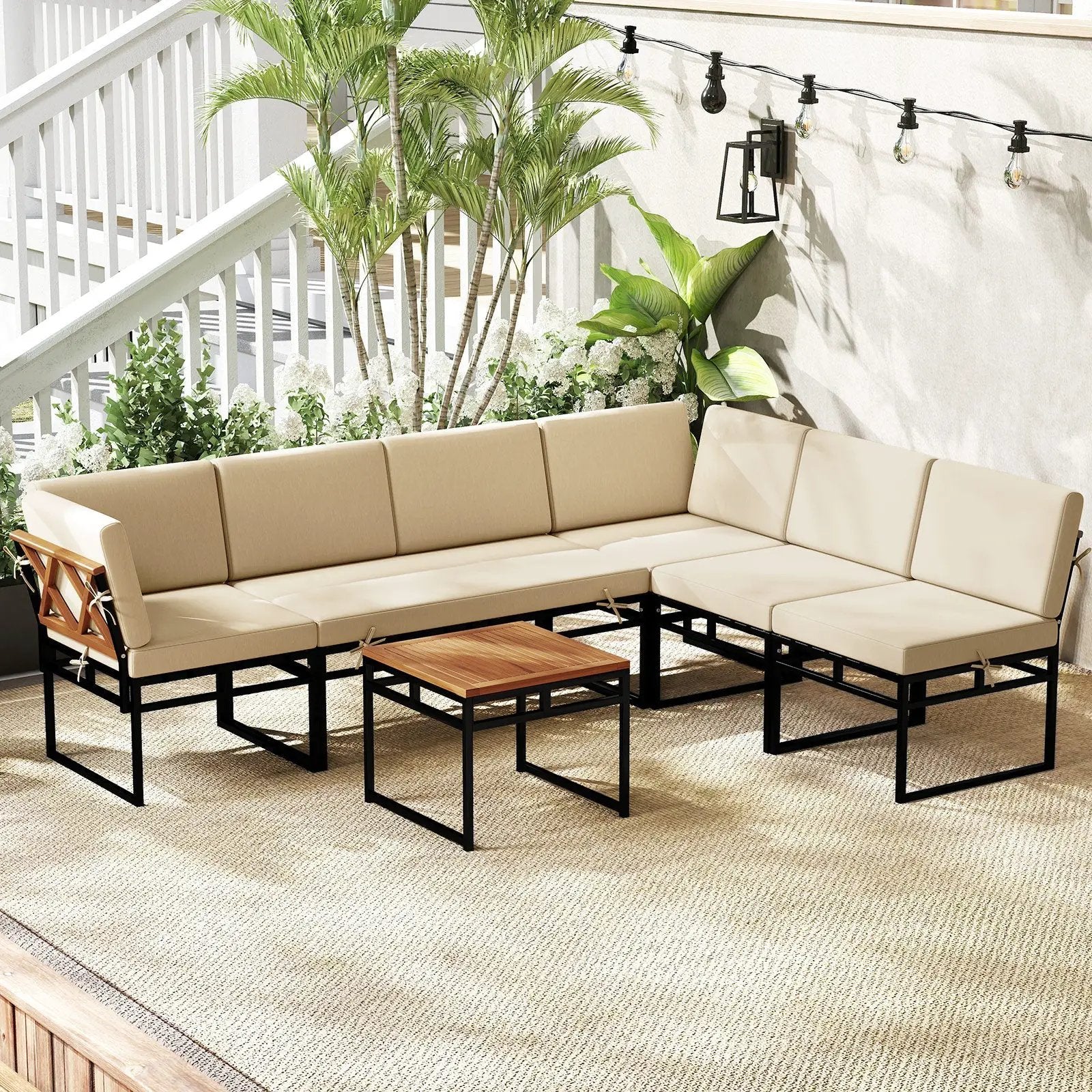6 Piece Outdoor Sectional Sofa Set Metal Conversation Set with Cushions-Beige by DirectDeals