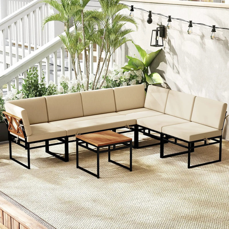 6 Piece Outdoor Sectional Sofa Set Metal Conversation Set with Cushions-Beige by DirectDeals