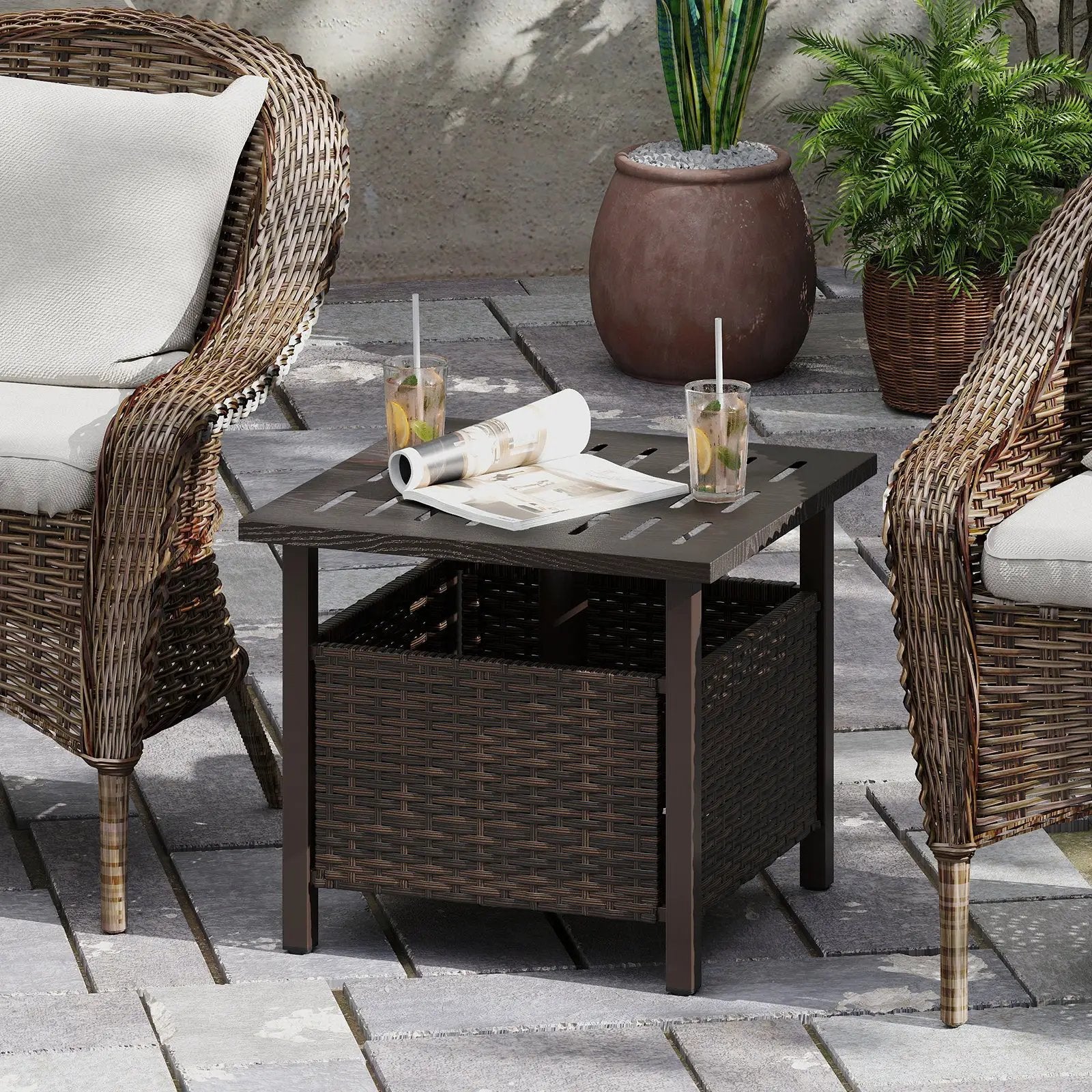 Outdoor Side Table All-Weather PE Wicker Patio Table with Umbrella Hole-Brown by DirectDeals