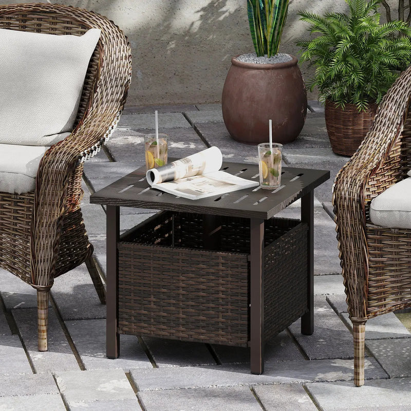 Outdoor Side Table All-Weather PE Wicker Patio Table with Umbrella Hole-Brown by DirectDeals