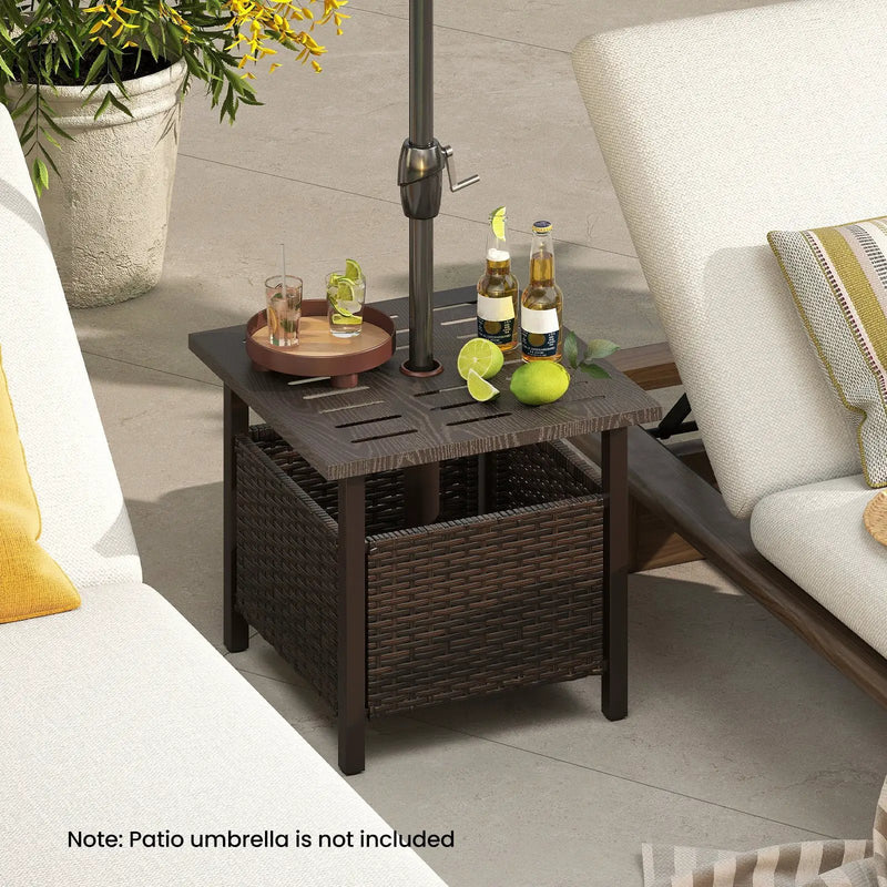 Outdoor Side Table All-Weather PE Wicker Patio Table with Umbrella Hole-Brown by DirectDeals