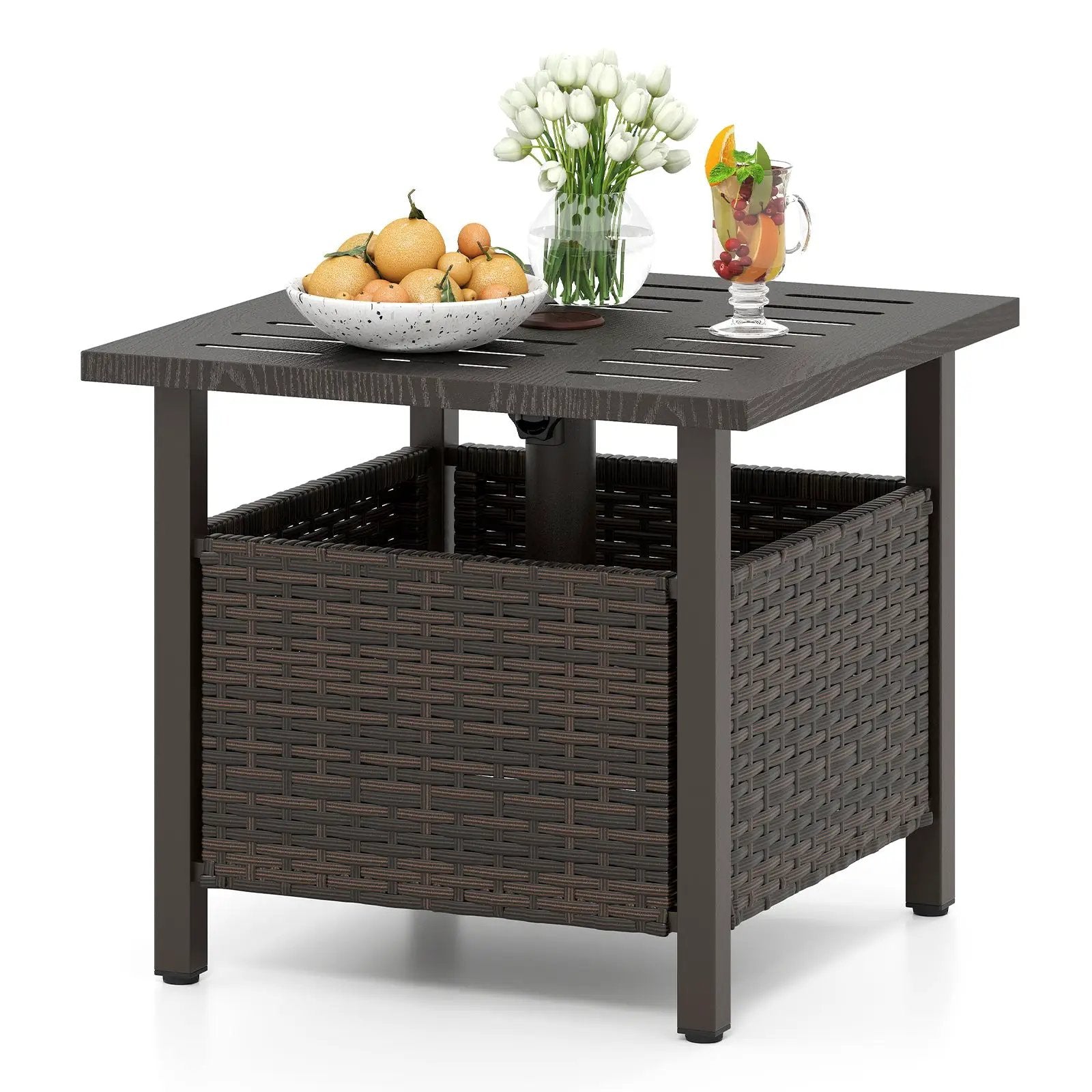 Outdoor Side Table All-Weather PE Wicker Patio Table with Umbrella Hole-Brown by DirectDeals