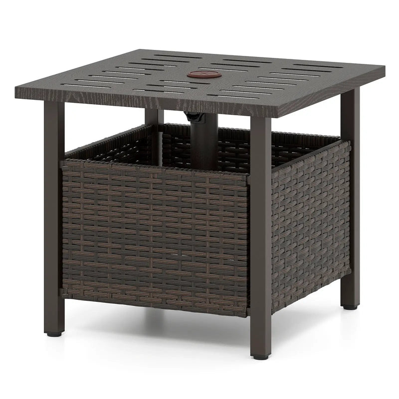 Outdoor Side Table All-Weather PE Wicker Patio Table with Umbrella Hole-Brown by DirectDeals