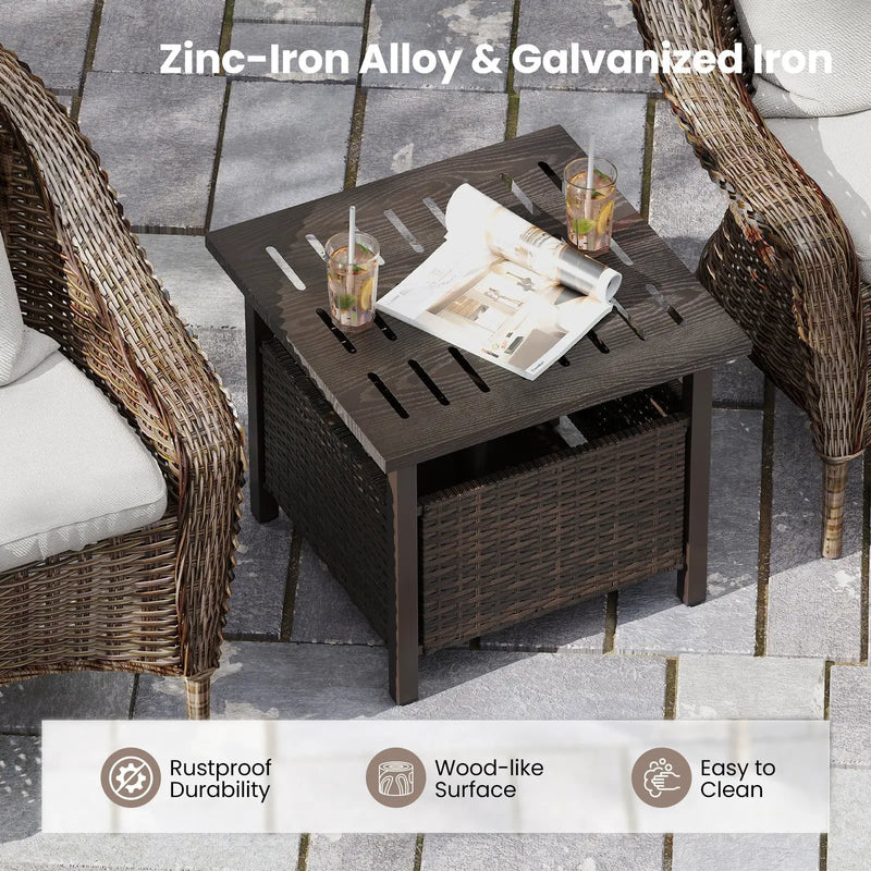 Outdoor Side Table All-Weather PE Wicker Patio Table with Umbrella Hole-Brown by DirectDeals