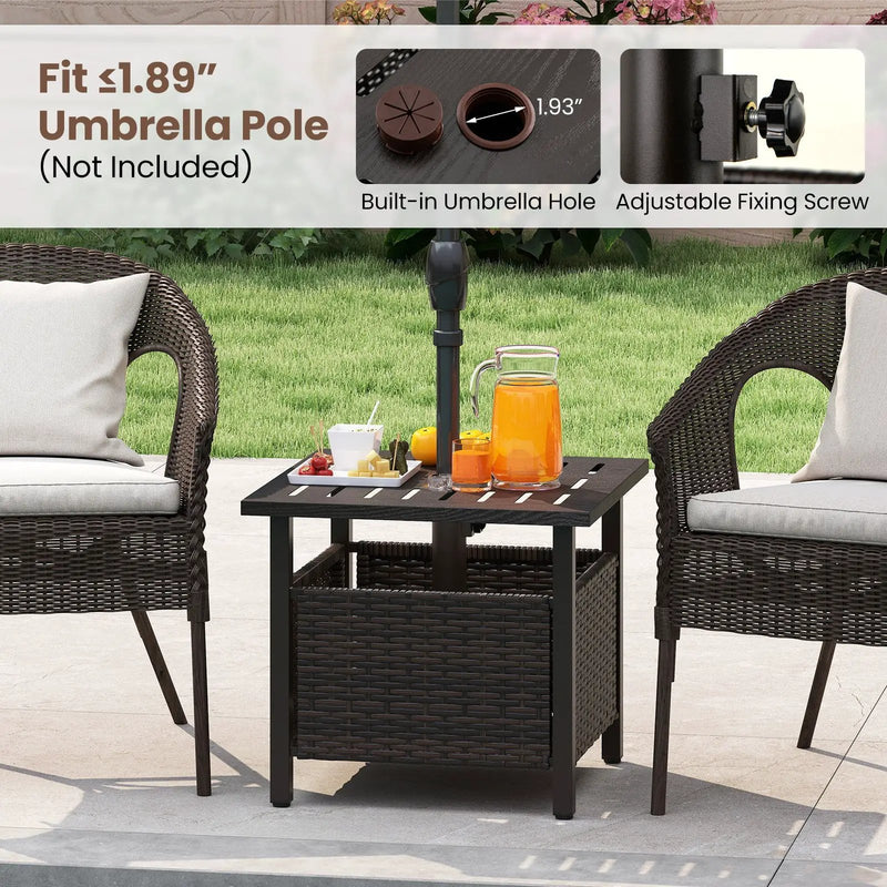 Outdoor Side Table All-Weather PE Wicker Patio Table with Umbrella Hole-Brown by DirectDeals