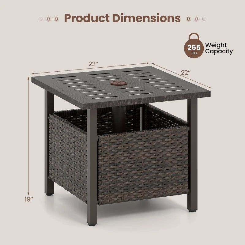 Outdoor Side Table All-Weather PE Wicker Patio Table with Umbrella Hole-Brown by DirectDeals