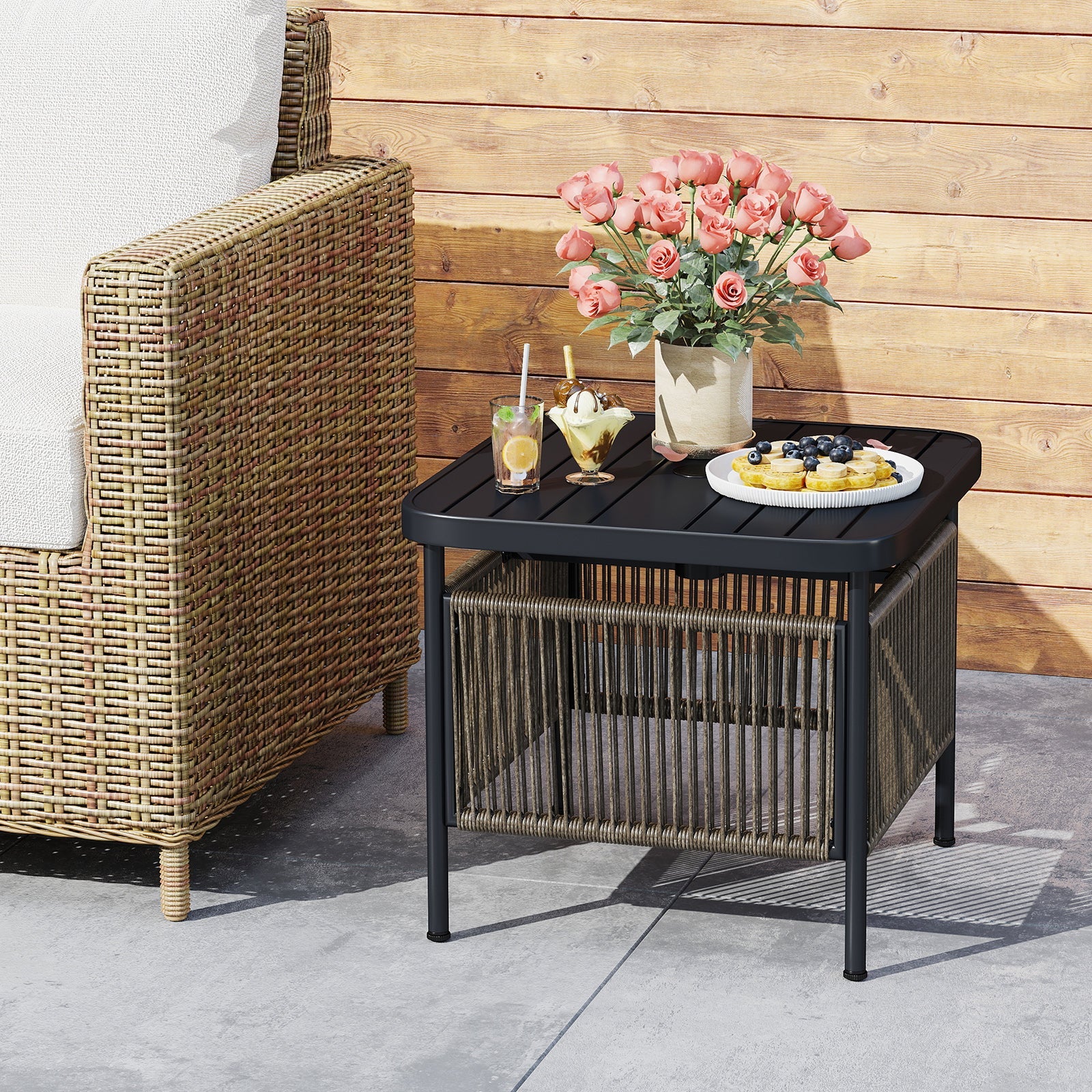 Outdoor Side Table with Umbrella Hole and Storage Shelf by DirectDeals