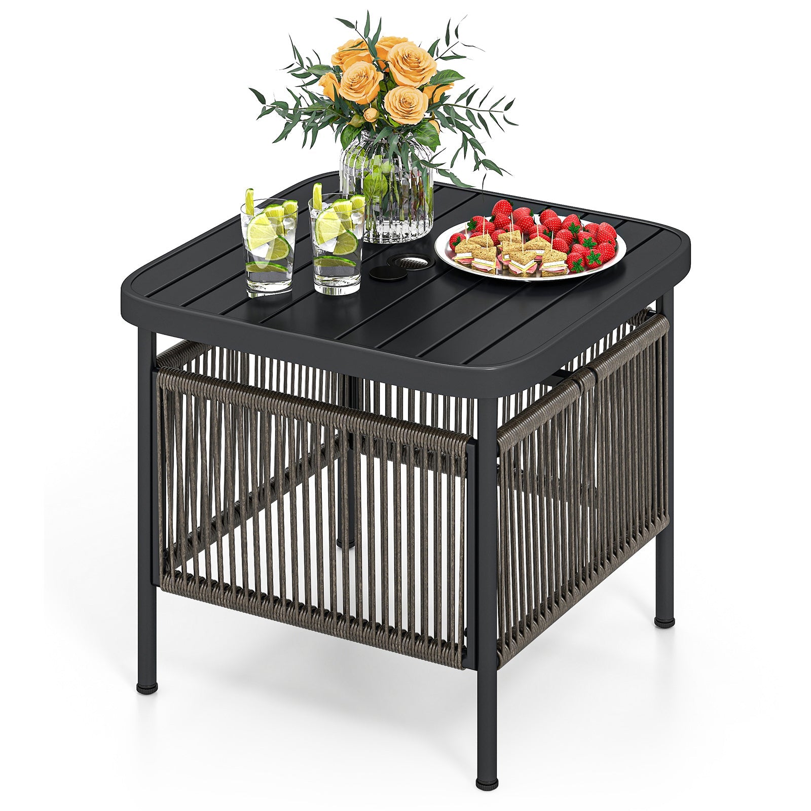 Outdoor Side Table with Umbrella Hole and Storage Shelf by DirectDeals